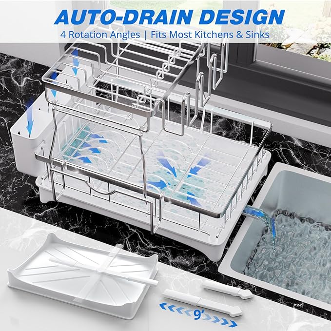 Godboat Dish Drying Rack, 2-Tier Dish Rack with Auto-Drain & Mat, 304 Stainless Steel Dish Racks for Kitchen Counter, Dish Drainer with Knife, Fork & Cup Rack, Gifts for Women, Mothers Day, Silver - Image 4