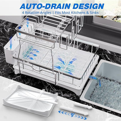 Godboat Dish Drying Rack, 2-Tier Dish Rack with Auto-Drain & Mat, 304 Stainless Steel Dish Racks for Kitchen Counter, Dish Drainer with Knife, Fork & Cup Rack, Gifts for Women, Mothers Day, Silver - Image 4