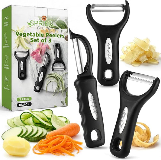 Spring Chef Vegetable Peelers for Kitchen - Stainless Steel Swivel, Y & Julienne Peelers, Potato Peelers with Soft Grip Handles, Kitchen Utensils Set of 3 for Fruits, Veggies, Apples, Carrots by SpringChef
