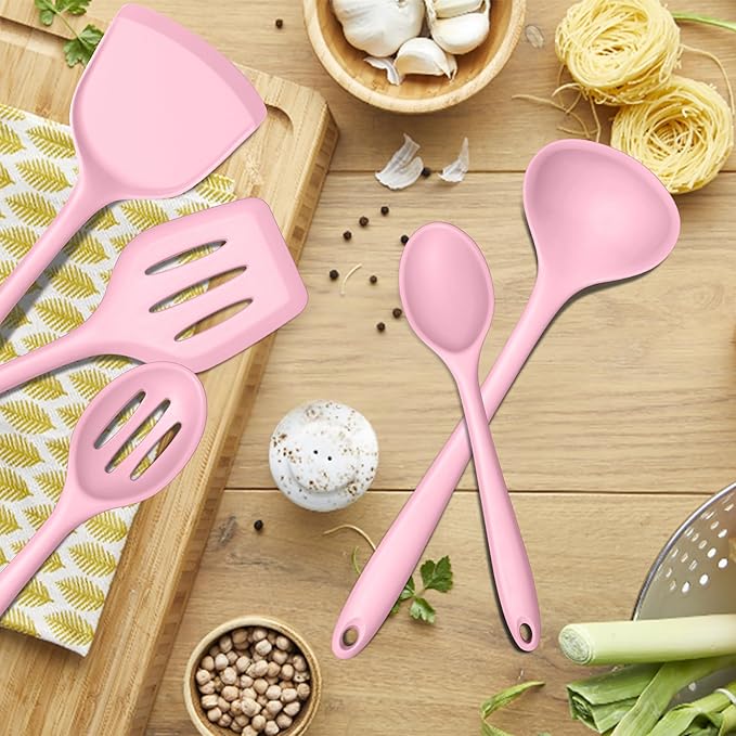 E-far Pink Silicone Cooking Utensils Set, 10-Piece Kitchen Utensil Set for Nonstick Cookware, Silicone Kitchen Tools with Spatula Turner Spoon Tongs Whisk, Heat Resistant & Non-Toxic, Dishwasher Safe - Image 8