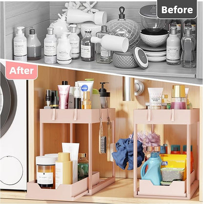 Simple Trending Under Sink Organizer 2 Pack, Sink Pull-Out Sliding Storage Cabinet, 2-Tier Under Shelf Organizer for Kitchen Bathroom, Pink - Image 3