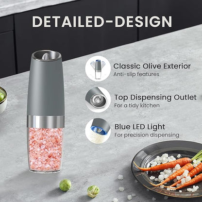Battery Operated Salt And Pepper Grinder Set with LED Light, Automatic Electric Gravity Salt And Pepper Shakers Set, Each 6 AAA Batteries Needed, Adjustable Roughness, 2 Pack (LightGrey) - Image 5