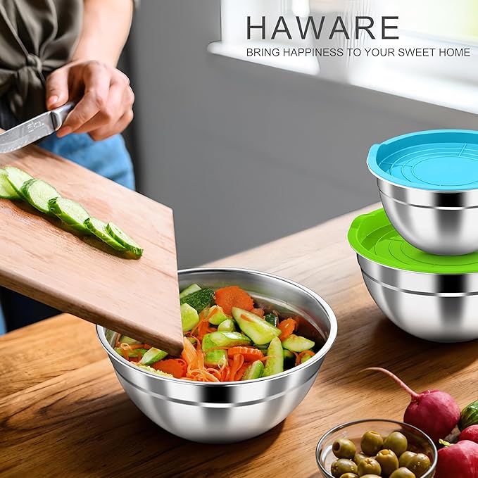 HaWare Mixing Bowls with Airtight Lids, 6-Piece Stainless Steel Salad Bowls, Strong Nesting Bowls for Cooking, Prepping, Baking, Serving & Food Storage, Stackable Design, Size 4.6, 3, 1.5QT, Colorful - Image 7