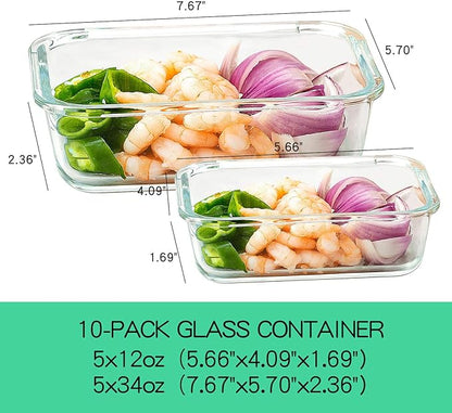 C CREST [10-Pack Glass Food Storage Containers (A Set of Five Colors), Meal Prep Containers with Lids for Kitchen, Home Use - Airtight Glass Lunch Boxes - Image 2