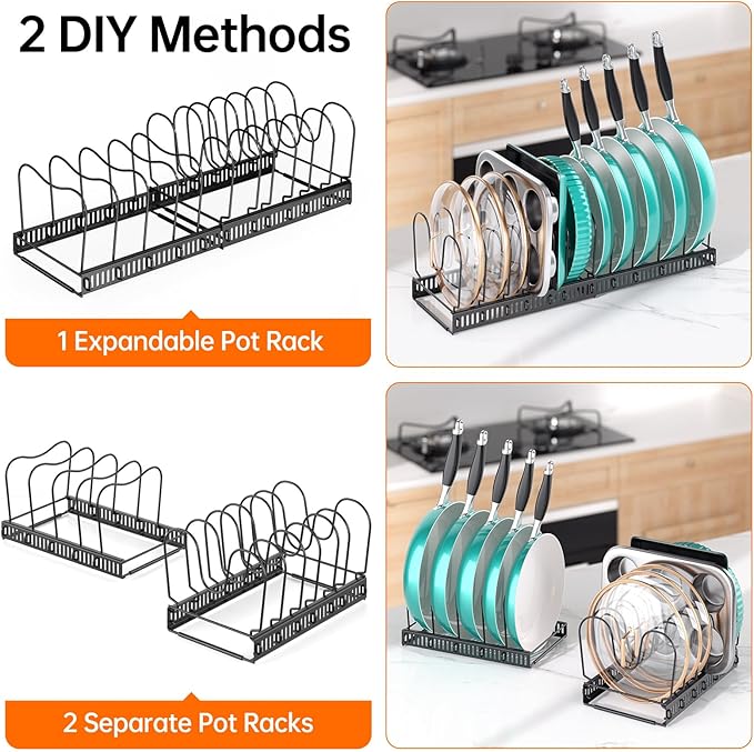 MUDEELA Expandable Pots and Pans Organizer Rack under Cabinet, Pots Lid Organizer Rack for Kitchen Cabinet Organizers and Storage with 12 Adjustable Dividers Cutting Board Holder & Anti-Scratch Strips - Image 5