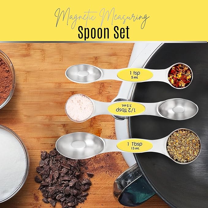 Magnetic Measuring Spoons Set of 9 Stainless Steel Dual-Sided Stackable Measuring Spoon Nesting Teaspoons Measuring Dry and Liquid Ingredients, Fits in Spice Jars Set of 9 (Yellow) - Image 8