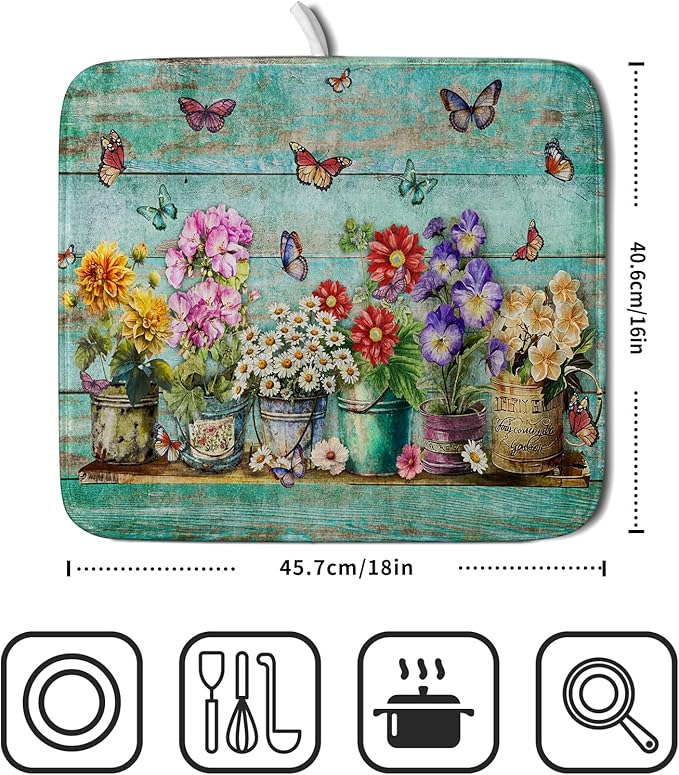 Flower Dish Drying Mat for Kitchen Counter 16x18 Inch Rustic Vintage Microfiber Absorbent Dishes Drainer Mats - Image 2