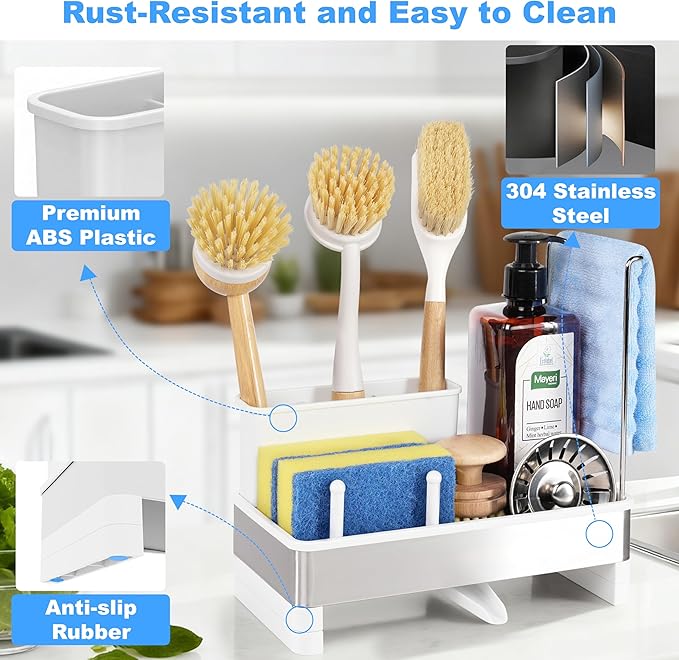 Kitchen Sink Caddy Organizer, Stainless Steel Sponge Holder, Kitchen Caddy Sink Organizer with Dish Brush Holder and Dishcloth Rack, Rustproof Dish Sponge Drying Rack for Countertop Storage - Image 4