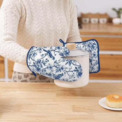 Blue Silicone Oven Mitts Pan Mats Set of 2, Heat Resistant Gloves Potholder with Non-Slip Grips Hanging Loops Pot Holder, Spring Summer for Chef Cooking, Baking, Grilling, BBQ