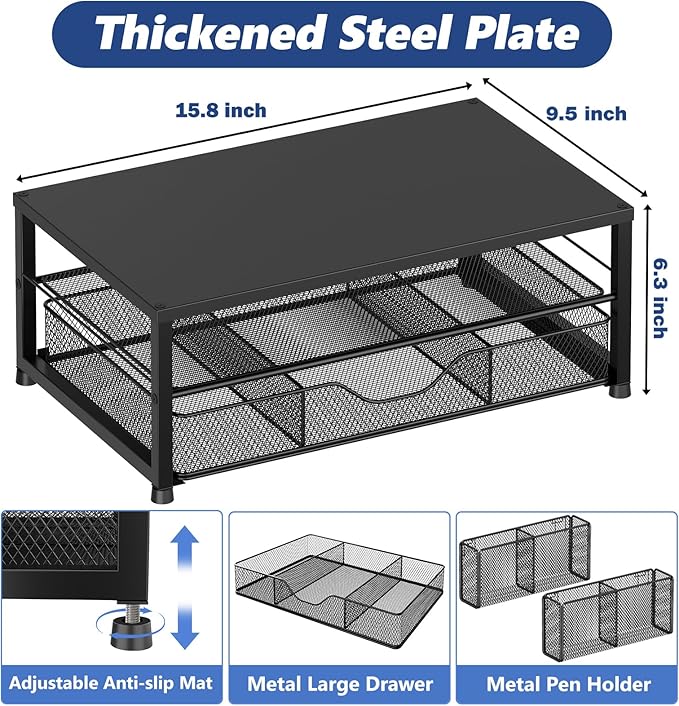 OPNICE Desk Organizer and Accessories, 2-Tier Computer Monitor Stand Riser with Drawer and 2 Pen Holders, Laptop Stand, Office Desk Accessories for Office Supplies, Black - Image 3