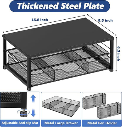 OPNICE Desk Organizer and Accessories, 2-Tier Computer Monitor Stand Riser with Drawer and 2 Pen Holders, Laptop Stand, Office Desk Accessories for Office Supplies, Black - Image 3
