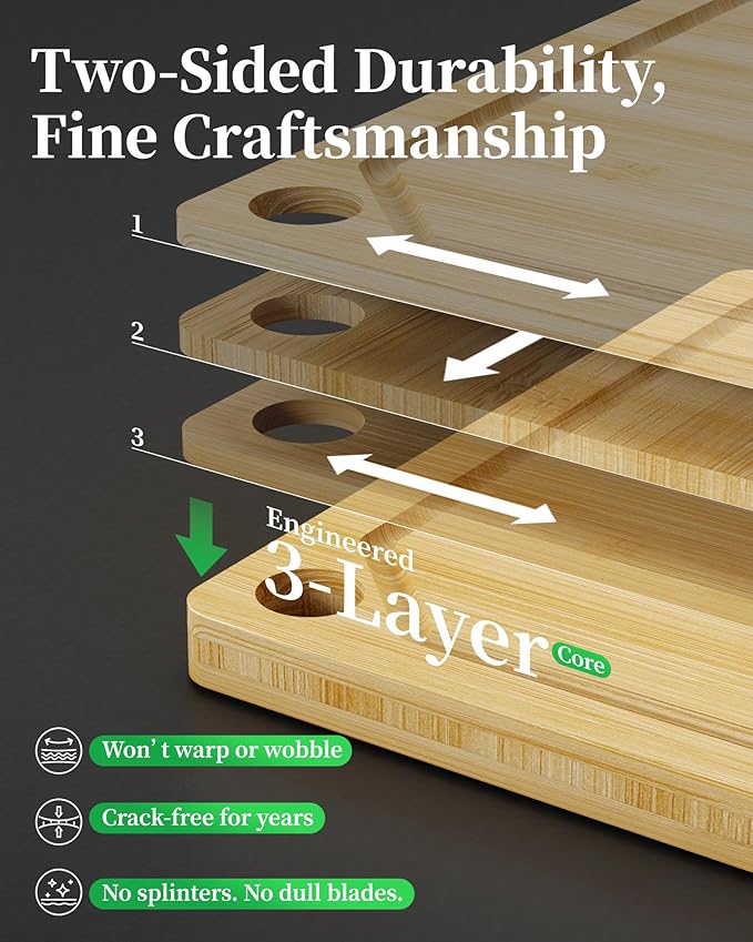 Kitchen Cutting Board Set - 3-Piece Wooden Cutting Boards for Kitchen with Juice Groove, Handles, Hang Holes, Stylish Kitchen Essentials for Chpping & Serving, Natural, 0.4"Th - (L+M+S) - Image 4