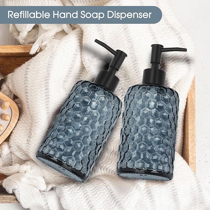 Topsky Glass Soap Dispenser with Plastic Pump, 475ml Liquid Hand Soap Dispenser, Rustproof Pump for Kitchen & Bathroom, Great for Lotions, Essential Oil, Liquid Soaps (Grayish Blue) - Image 7