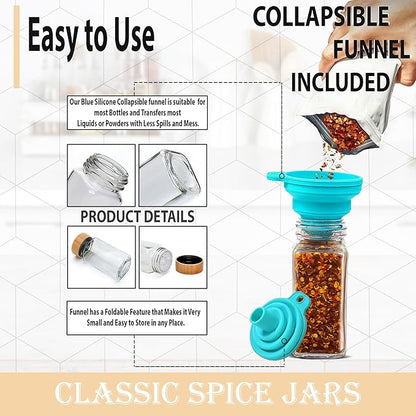 Glass Spice Jars with Bamboo Airtight Lids - (6 Pack) - 4 oz Square Spice Bottles with Shaker Lids - Clear Empty Shaker Seasoning Jars with Preprinted Spice Jars Labels and Collapsible Funnel Included - Image 6