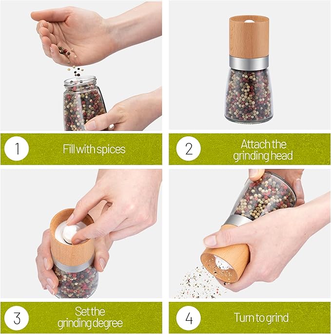 ZOLMER® Wooden Salt and Pepper Grinder Set | Natural Manual Ceramic Mill - Stylish Chili Mill, Pepper Grinder, and Salt Grinder [No Spices Included]