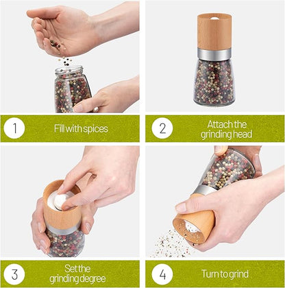 ZOLMER® Wooden Salt and Pepper Grinder Set | Natural Manual Ceramic Mill - Stylish Chili Mill, Pepper Grinder, and Salt Grinder [No Spices Included]