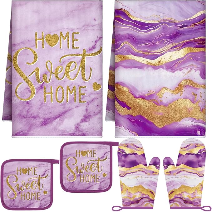 Bencailor Purple 6 Pcs Marble Kitchen Decor Gold Pot Holders Oven Mitts 2 Dish Towels 2 Farmhouse Cooking Mittens Oven Glove and Potholder for Baking Cooking Grilling Supply Accessories