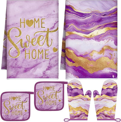 Bencailor Purple 6 Pcs Marble Kitchen Decor Gold Pot Holders Oven Mitts 2 Dish Towels 2 Farmhouse Cooking Mittens Oven Glove and Potholder for Baking Cooking Grilling Supply Accessories