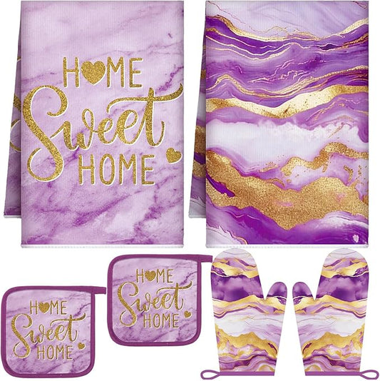 Bencailor Purple 6 Pcs Marble Kitchen Decor Gold Pot Holders Oven Mitts 2 Dish Towels 2 Farmhouse Cooking Mittens Oven Glove and Potholder for Baking Cooking Grilling Supply Accessories