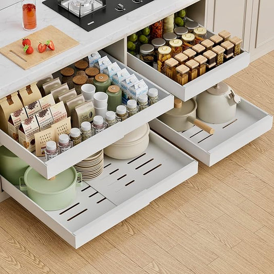 PAKETA 1 Pack Expandable Pull Out Cabinet Organizer, 21'' Deep Pull Out Drawers for Cabinets, Upgrade 3 Slide Rails Sliding Drawers for Cabinet with Adhesive Nano Film (White) by Unknown