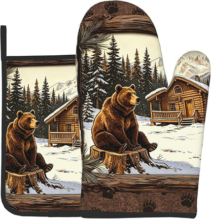 Vintage Oven Mitts and Pot Holders Sets Rustic Cabin Kitchen Gloves Bear Hot Pads Cute Baker Stuff Chef Cooking Baking Gifts for Women by DZGlobal