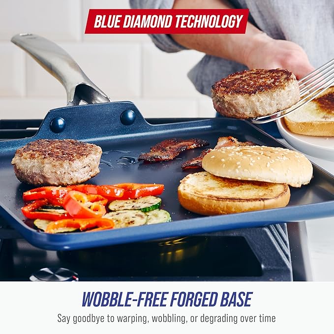 Blue Diamond 11" Nonstick Square Griddle Pan, Non Toxic PFAS-Free Diamond Ceramic, Dishwasher & Oven Safe, Even Heating, Metal Utensil Safe, Warp Control, Blue - Image 7