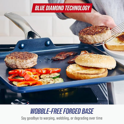 Blue Diamond 11" Nonstick Square Griddle Pan, Non Toxic PFAS-Free Diamond Ceramic, Dishwasher & Oven Safe, Even Heating, Metal Utensil Safe, Warp Control, Blue - Image 7