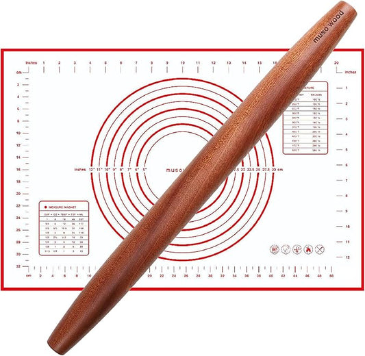 Muso Wood French Rolling Pin and Silicone Baking Mat Set, Sapele Wooden Rolling Pin 15.75 Inch and Tapered Roller for Fondant, Pie Crust, Cookie, Pastry by Musowood