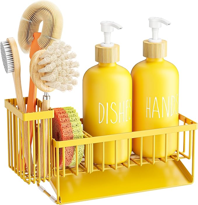 Cisily Yellow Dish Soap Dispenser Set, 16 fl Oz Dual Kitchen Soap Dispensers with Sponge Holder, Customized Stainless Steel Kitchen Soap Dispenser Set, Lemon Kitchen Decor and Accessories - Image 2