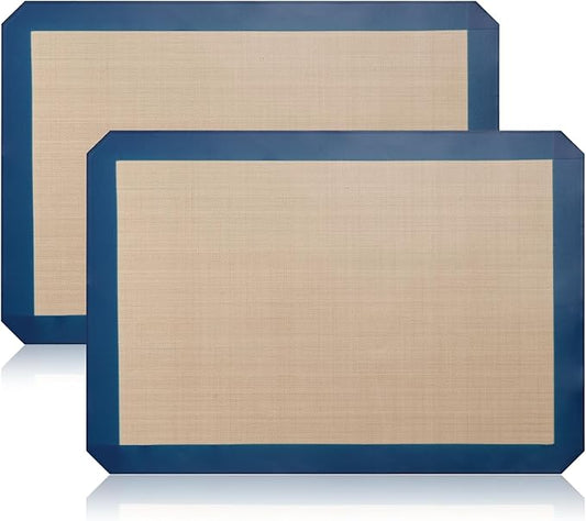 Luckyiren 2-Pack Silicone Baking Mats – Non-Stick Reusable BPA-Free Oven Liners, 100% Food-Grade Silicone, Fit Half Sheet Pans (16.54" x 11.62") for Cookies, Pastry & More, Coffee with Deep Blue Edge