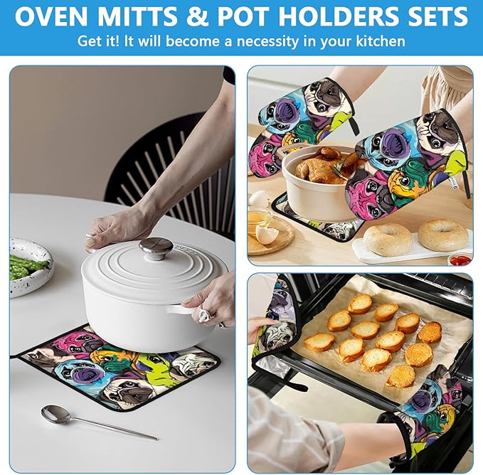 Colorful Pug Dog Face Oven Mitts and Pot Holders Sets Heat Resistant 4Pcs Potholders Oven Gloves Hot Pads for Kitchen Baking Cooking Grilling BBQ