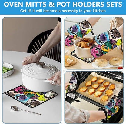 Colorful Pug Dog Face Oven Mitts and Pot Holders Sets Heat Resistant 4Pcs Potholders Oven Gloves Hot Pads for Kitchen Baking Cooking Grilling BBQ