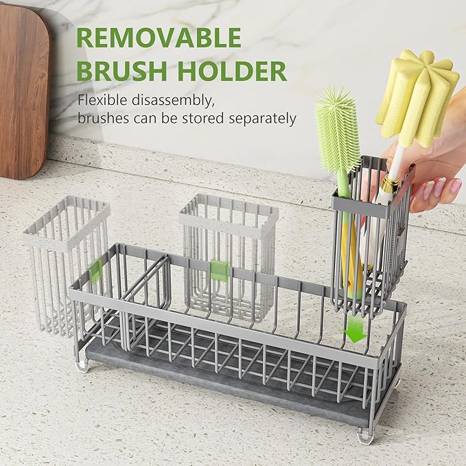 Cisily Extra Large Sink Caddy Organizer with Drying Stone, Gray Sponge Holder for Kitchen, Dish Brush Holder for Countertop, Kitchen Decor Storage and Essentials - Image 5