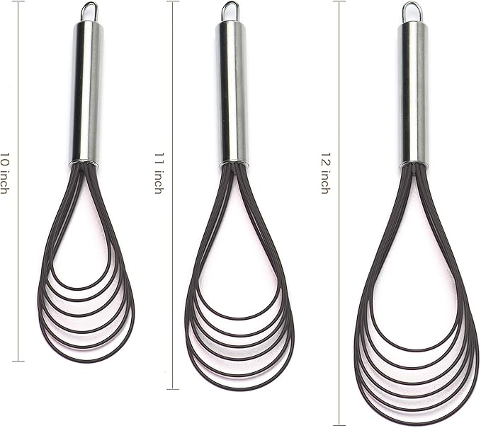 Flat Whisks Stainless Steel,3 Pack 10''+11''+12'' Set Premium Sturdy-6 Silicone Heads Non Stick Wires Whisk for Blending Beating Stirring Kitchen Cooking Color Grey by Jell-Cell - Image 6