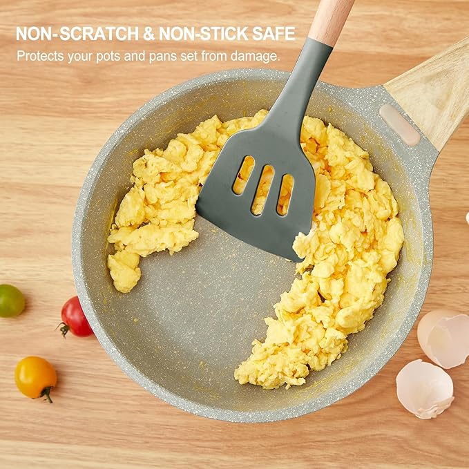 Kitchen Utensils Set - 34 PCS Non-Stick Silicone Cooking Utensils Set Spatula Set with Holder, Wooden Handle Spoon,Brush,Whisk Kitchen Gadgets Tools Set for Nonstick Cookware (Gray-34P) - Image 3