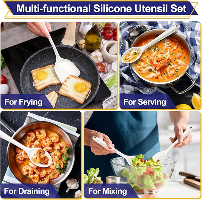 P&P CHEF Kitchen Utensil Set, 4 Pieces Non-stick Silicone Cooking Utensils, Heat-resistant Slotted Solid Spoon Turner for Frying, Mixing, Serving, Non-toxic & Easy to Clean, White - Image 5