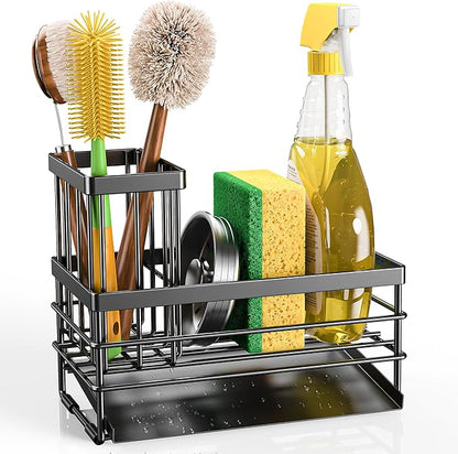 Cisily Sink Caddy Sponge Holder for Kitchen with Brush Holder and Stainless Steel Self Drain Tray, Rustproof Kitchen Sink Organizer for Sponge, Soap Dispenser Storage Accessories (Black) - Image 8