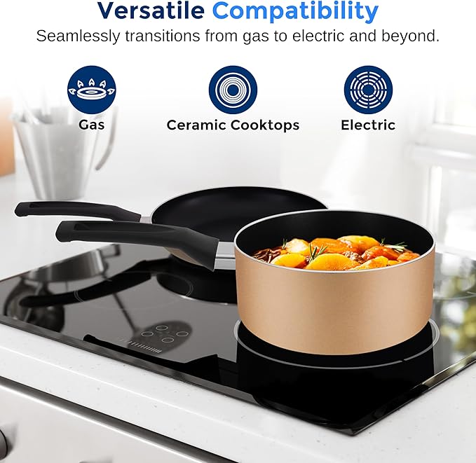 SereneLife 20 pc Basic Kitchenware Set - Durable Non-Stick Pots & Pans with Tempered Glass Lids, Utensils, Knife Set, Gold - SLCW20GLD - Image 6