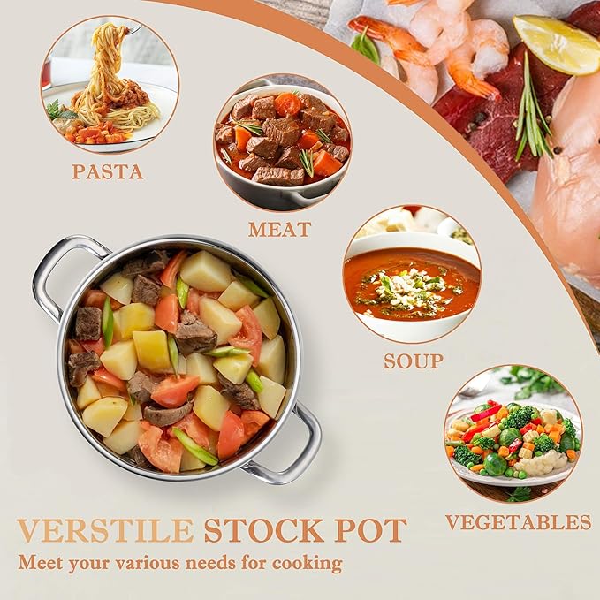 Herogo 10 Quart Stock Pot, 18/10 Stainless Steel Large Cooking Pot with Lid, 10 QT Metal Pasta Stockpot for Chicken Soup, Tri-ply Big Stockpot for Induction Gas Electric Stove, Dishwasher Safe