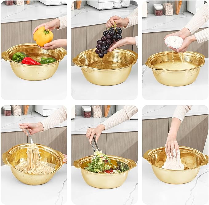 304 Stainless Steel Microporous Colander with Handle, Rice Washers Microporous Strainer Set For washing vegetables, fruits and rice, and draining cooked pasta(3.5QT with handle-Gold) - Image 2