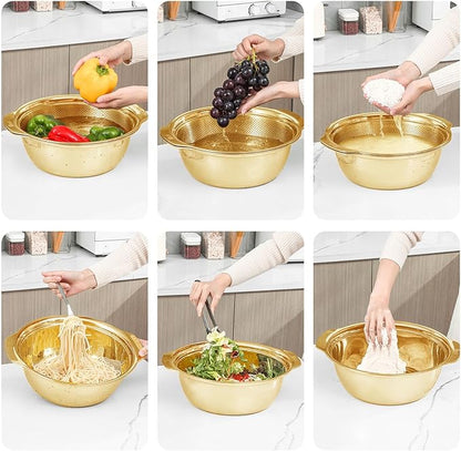 304 Stainless Steel Microporous Colander with Handle, Rice Washers Microporous Strainer Set For washing vegetables, fruits and rice, and draining cooked pasta(3.5QT with handle-Gold) - Image 2