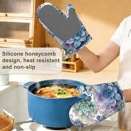 Succulent Botanical Floral Oven Mitts and Pot Holders Sets of 4, Heat Resistant Silicone Oven Mitts Gloves Non-Slip Kitchen Mittens Potholders for Cooking Baking Grilling BBQ