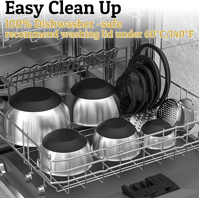 Mixing Bowls with Lids Set - Non-Slip, Airtight Warp-Proof TPR-AS Lids, Thicker Stainless Steel Bowls, Measurement Lines & 3 Graters, Prep Meal Bowl, Black Nesting Bowl for Kitchen, 5/3/2/1.5/0.63QT - Image 7