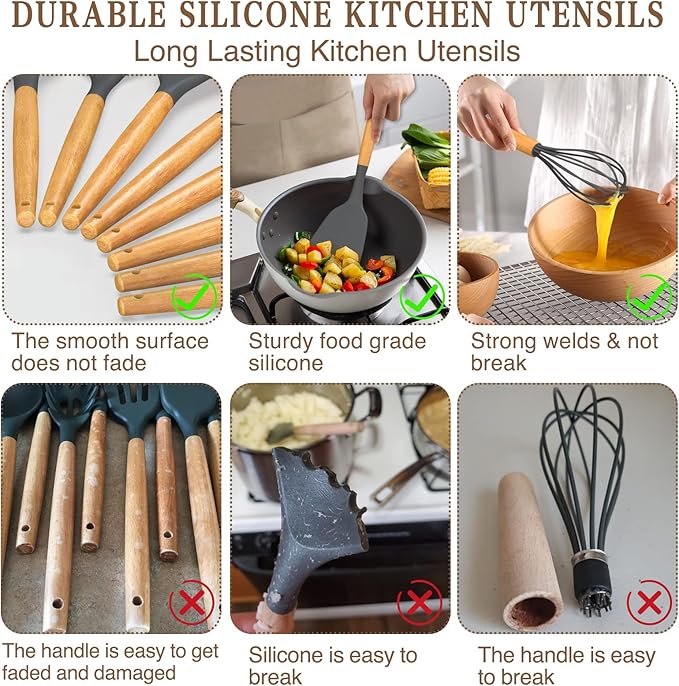Umite Chef Kitchen Cooking Utensils Set, 33 pcs Non-stick Silicone Spatula Set with Holder, Woodle Handle Heat Resistant Gadgets Utensil (Gray) - Image 4