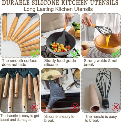 Umite Chef Kitchen Cooking Utensils Set, 33 pcs Non-stick Silicone Spatula Set with Holder, Woodle Handle Heat Resistant Gadgets Utensil (Gray) - Image 4