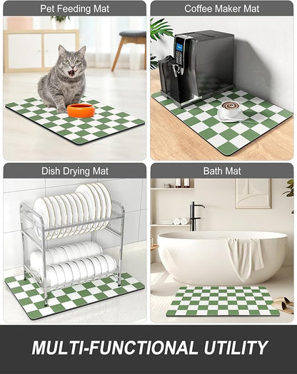 Rnivvi Dish Drying Mat for Kitchen Counter, XL 15 x 24" Cute Checkered Absorbent Draining Pad, Non-Slip Heat Resistant Coffee Bar Mat for Coffee Machine Station Accessories, Green White Dish Rack Pad - Image 7