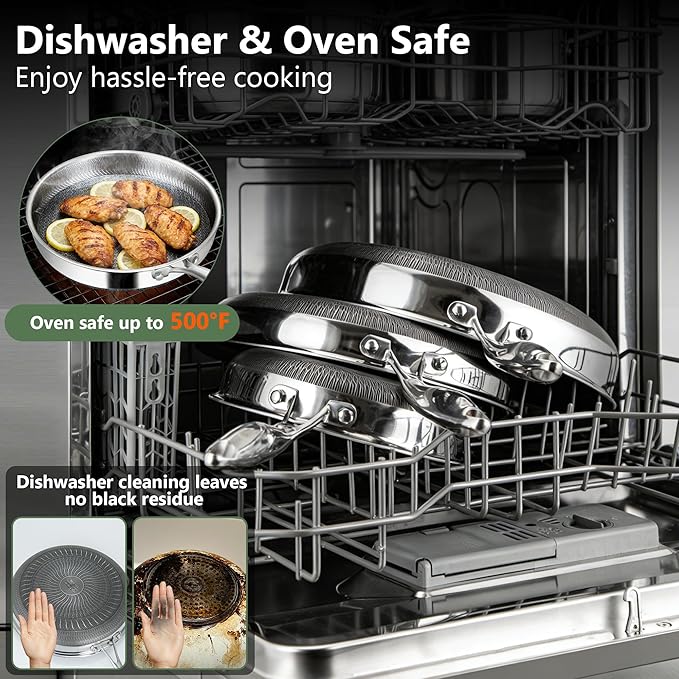 Non Stick Frying Pans, 12-inch with Lid, Hybrid Frying Pans Nonstick Stainless Steel Skillets, Dishwasher & Oven-Safe, Stay-Cool Handle, PFOA Free Cookware, Compatible with All Cooktops - Image 7