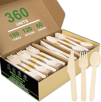 Compostable Wooden Utensils - 360 Pcs [180 Forks, 60 Knives, 120 Spoons], Disposable Cutlery, Biodegradable Wooden Silverware for Parties, Picnics, and Camping by LOYLUX
