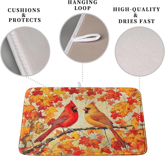 Fall Dish Drying Mats for Kitchen Counter Maple Leaf Cardinal Birds Dish Draining Mat 18x24 Inch Autumn Thanksgiving Dish Rack Mat Microfiber Absorbent Dish Drainer Pad - Image 3