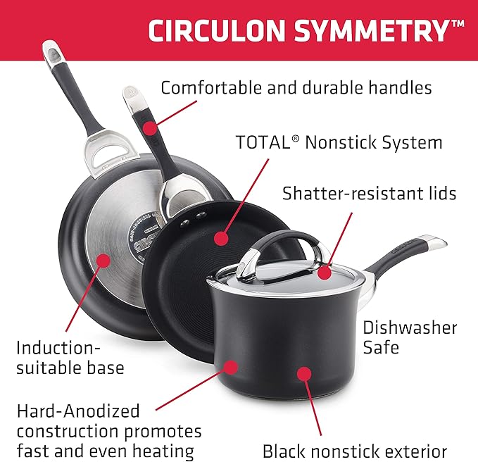 Circulon Symmetry Hard-Anodized Nonstick Induction Casserole Pan with Lid, 5.5-Quart, Black